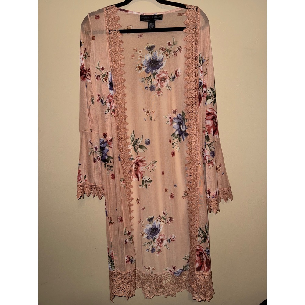 Fairycore Peach Floral Mesh Duster Cardigan Bell Sleeve Lace L Layering Ethereal